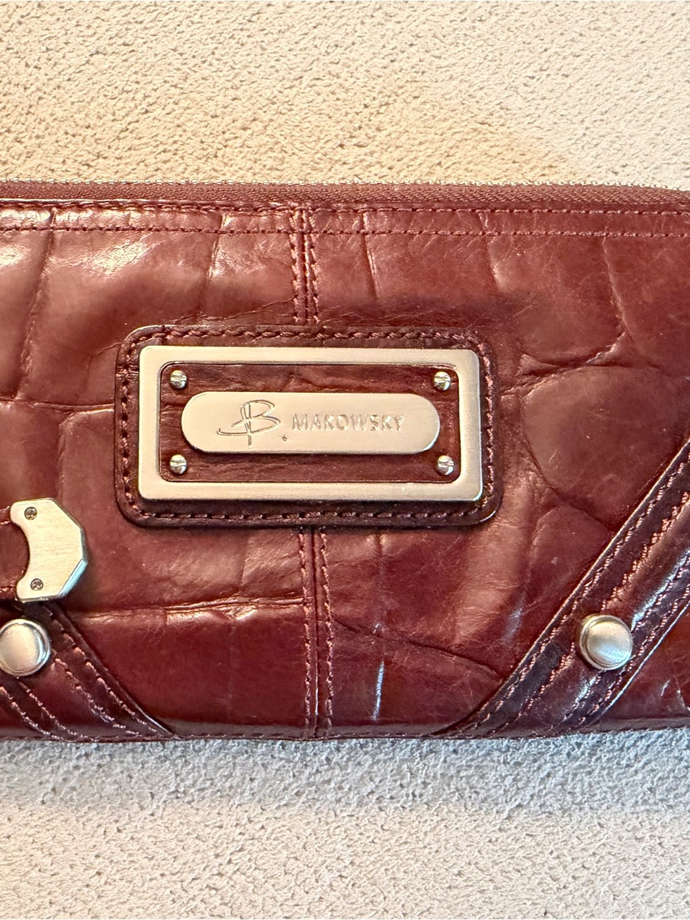 b. makowsky Chestnut Brown Leather Wristlet Clutch with Silver Plate